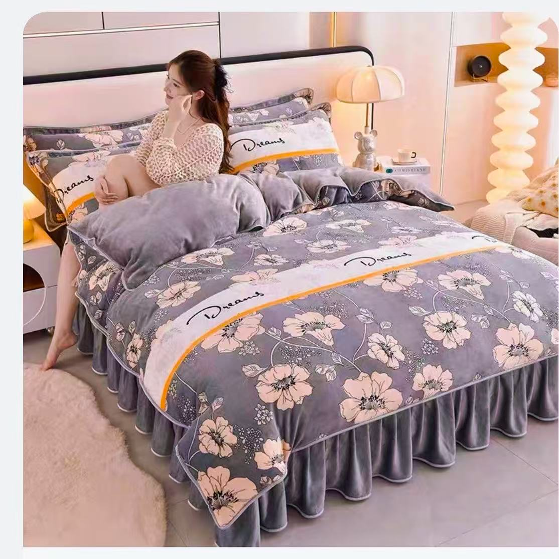 LangSha/浪莎秋冬床裙高克重加厚保暖牛奶绒四件套防静电床上用品