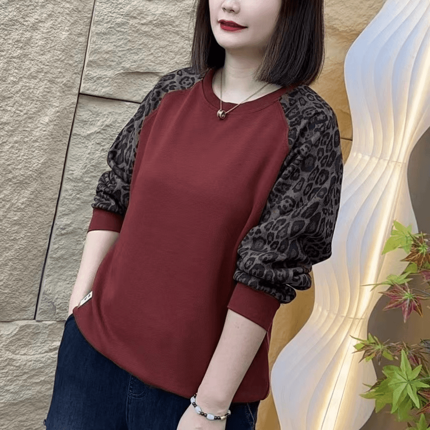 德绒加厚妈妈打底衫秋冬季显瘦休闲风拼接豹纹卫衣圆领时尚上衣女