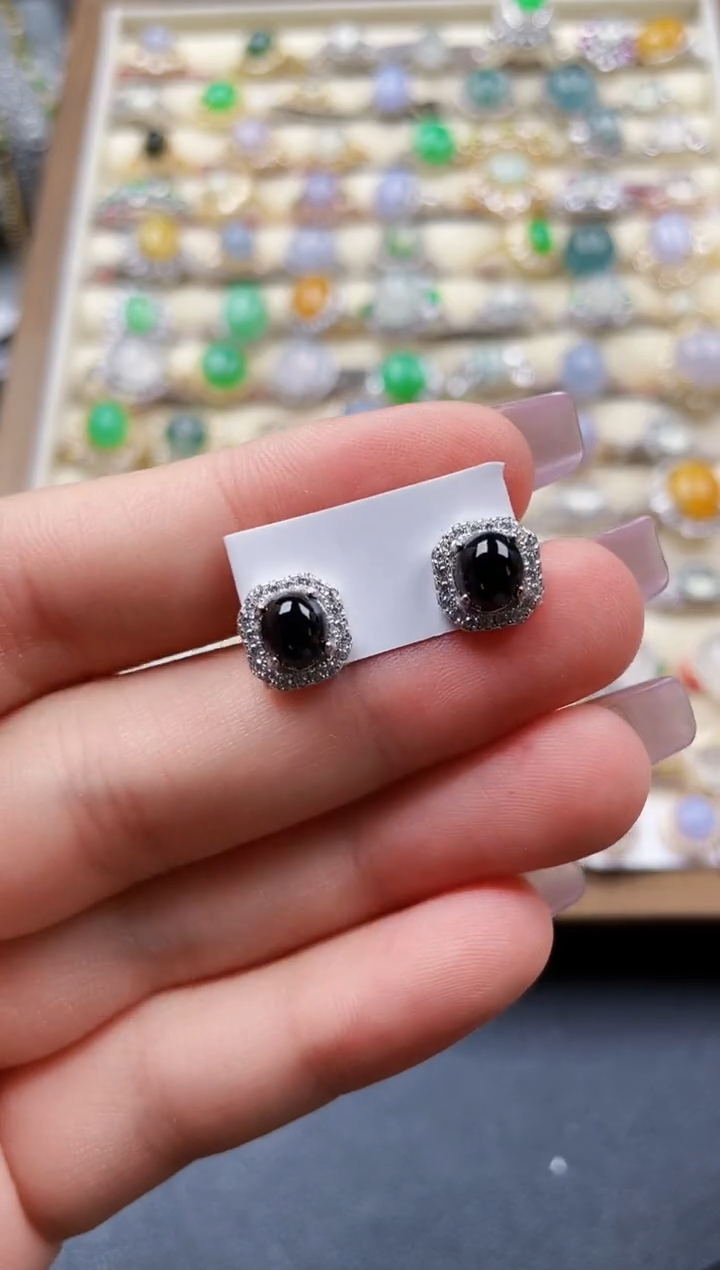 银S925镶嵌翡翠耳饰墨翠