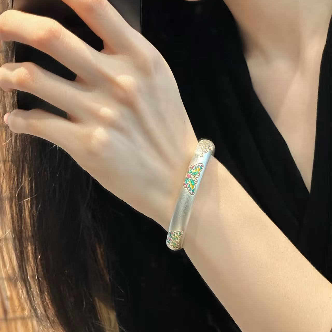 足银手镯 A48足银999.9珐琅彩描金蝴蝶祥云银手镯民族风节日礼物