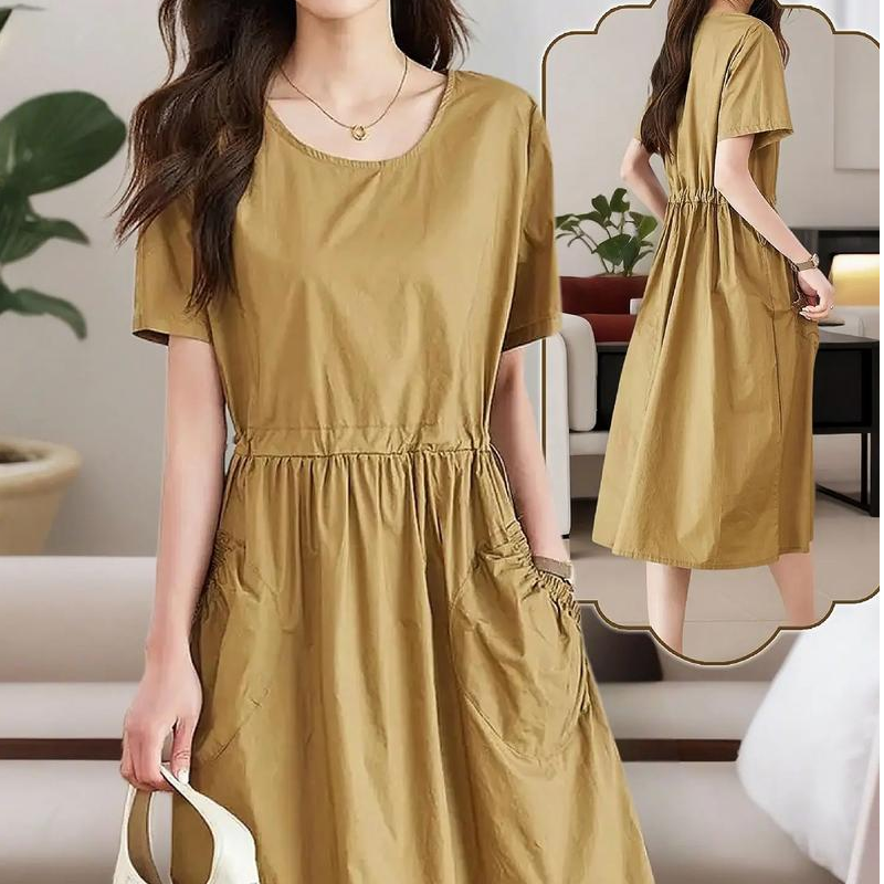 宽松休闲洋气显瘦夏季小方领高腰连衣裙