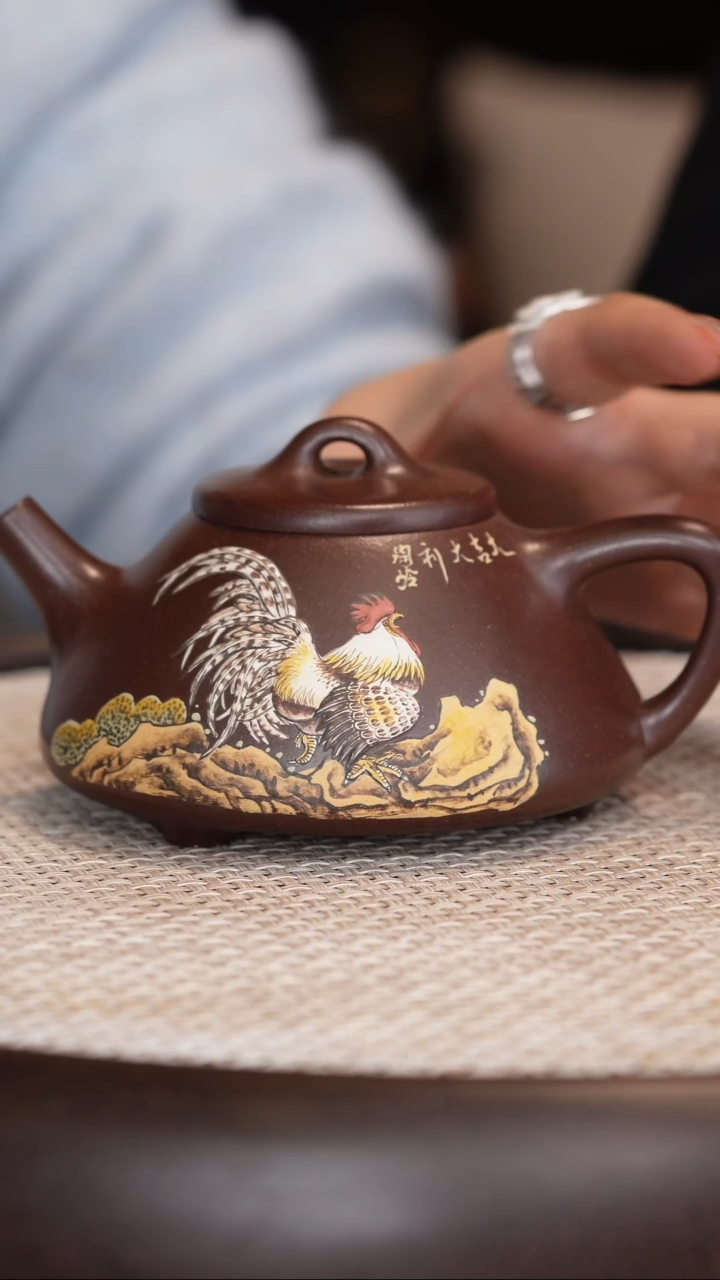  【陶岭】子冶石瓢 老紫泥 绘大吉图 240c