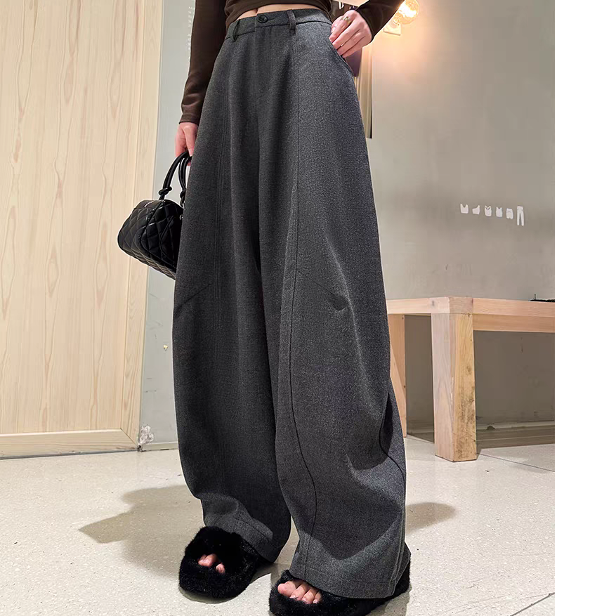 加绒加厚 毛呢西装阔腿裤女秋冬高腰显瘦直筒拖地弯刀裤
