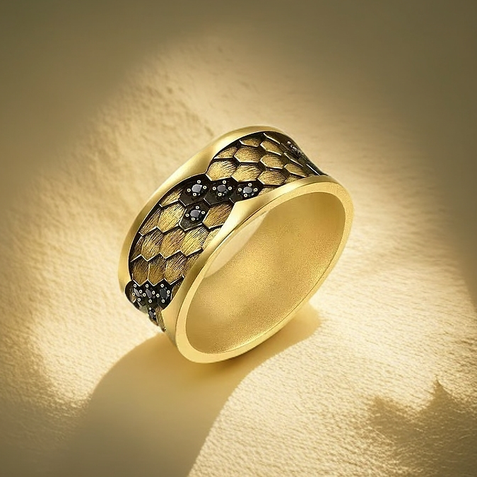 水贝千玺珠宝 蛇鳞纹足金999戒指黄金复古电黑工艺5D精品黑金直播