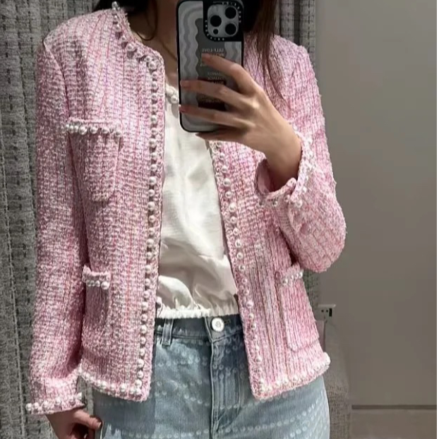 lbubu6月狂欢季香家新款粉色珍珠开衫外套