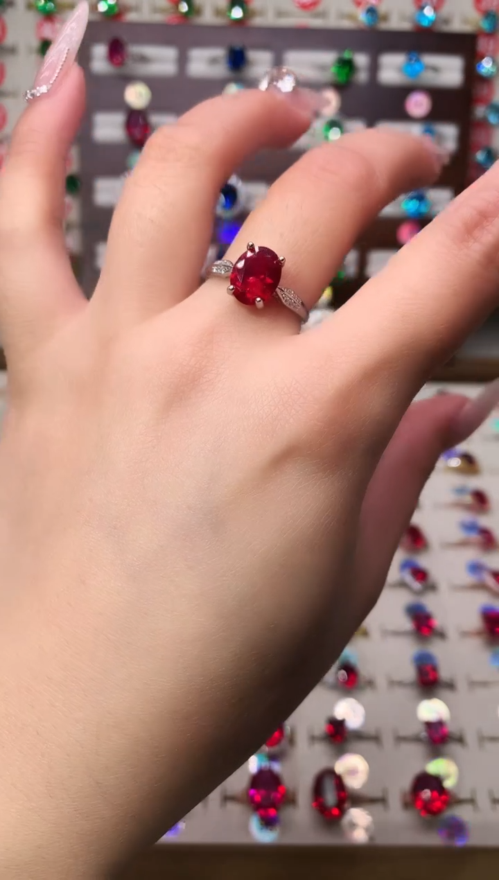 银S925镶嵌戒指红宝石8*10 酒红 银托