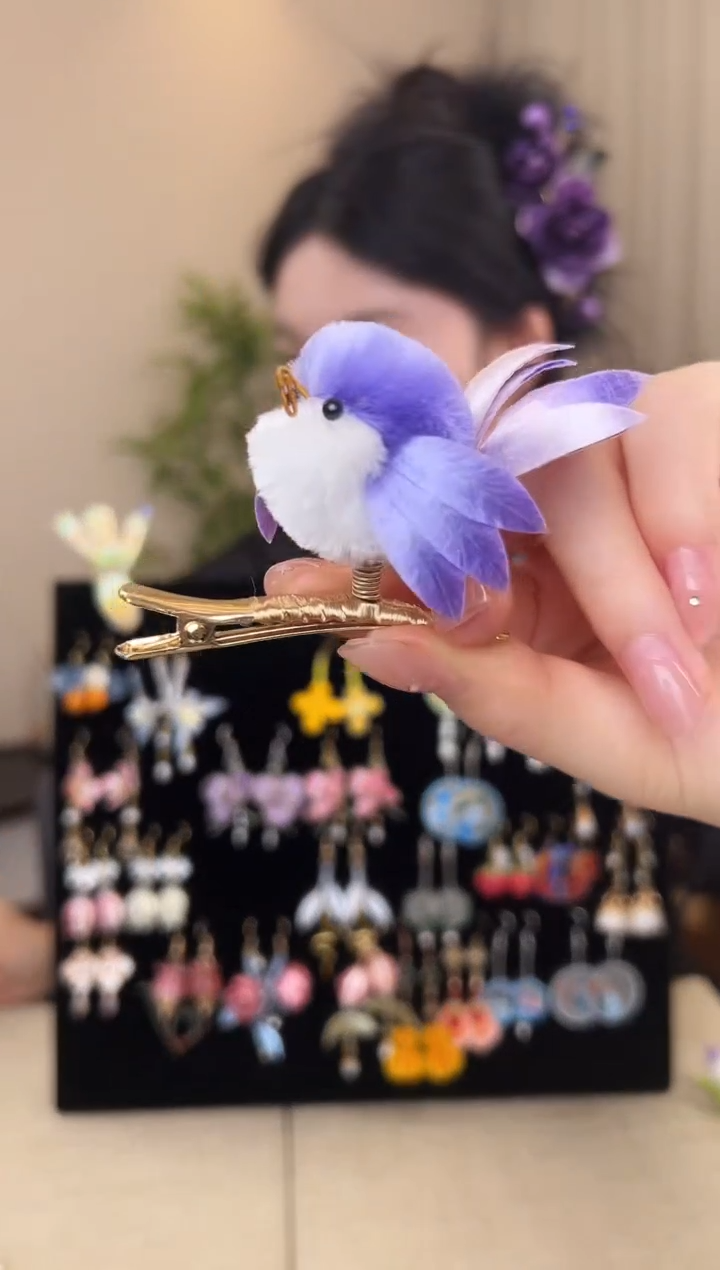 刺绣ᨳ****๛紫色小鸟胖绒边夹