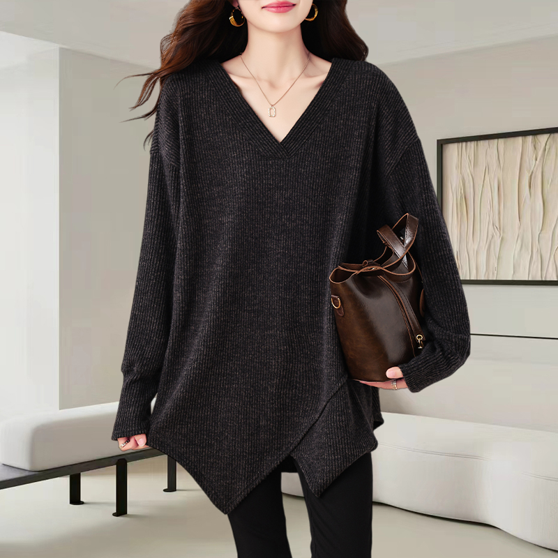 高级感V领长袖T恤女2025秋季新款洋气减龄宽松遮肚显瘦中长款上衣
