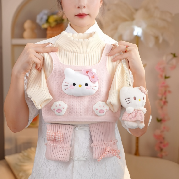 【现货】2025年秋冬新款女童可爱假两件加厚粉色猫咪毛衣009