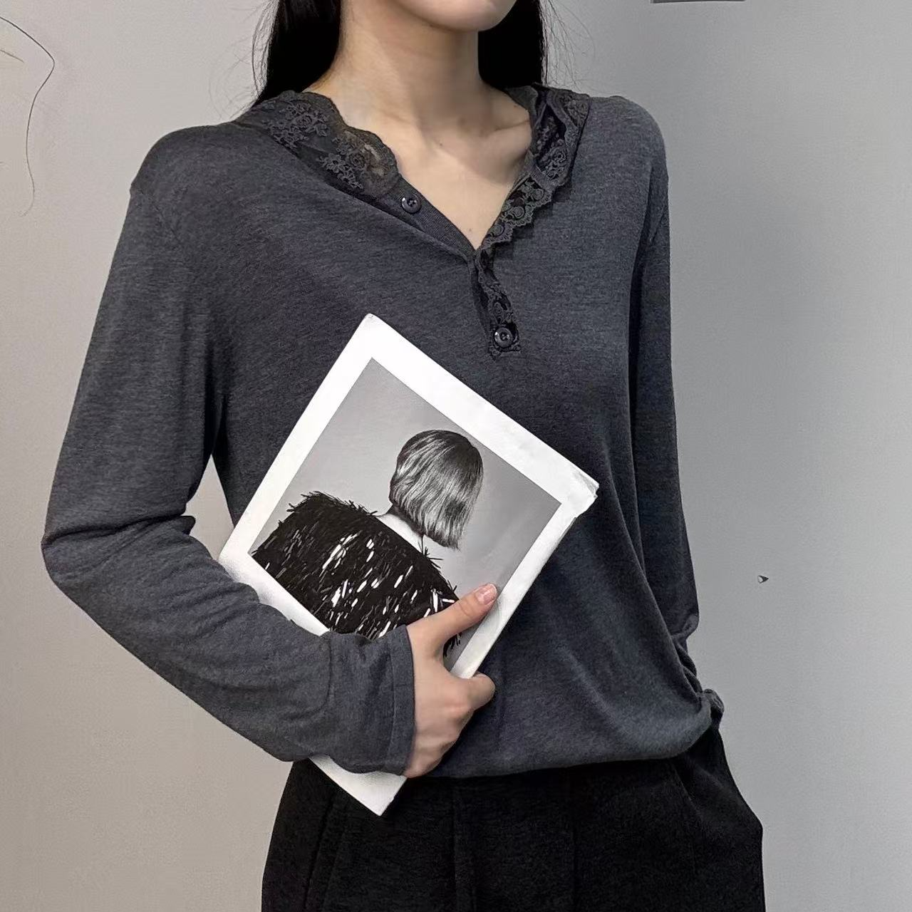 5902#连帽蕾丝女宽松拼接百搭休闲港风女式秋季长袖针织衫毛衣