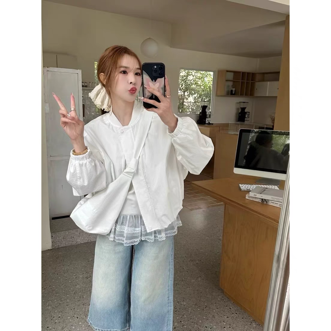 【手纺车工厂】长袖宽松百搭蕾丝拼接休闲棒球服短外套+包包