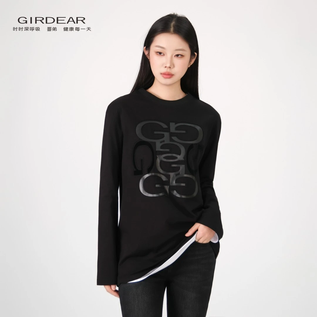 GIRDEAR/哥弟新款质感休闲同心之环百搭圆领T恤长袖上衣女1300866