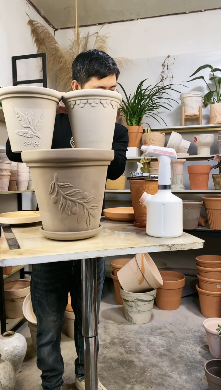 【闪购商品】红陶30*27灰陶浮雕3图案 3盆3托