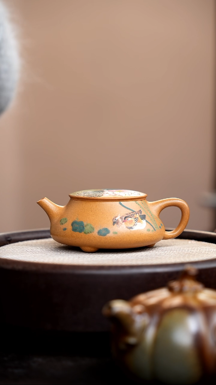 茶壶紫砂段泥无钮石瓢彩刻荷花018