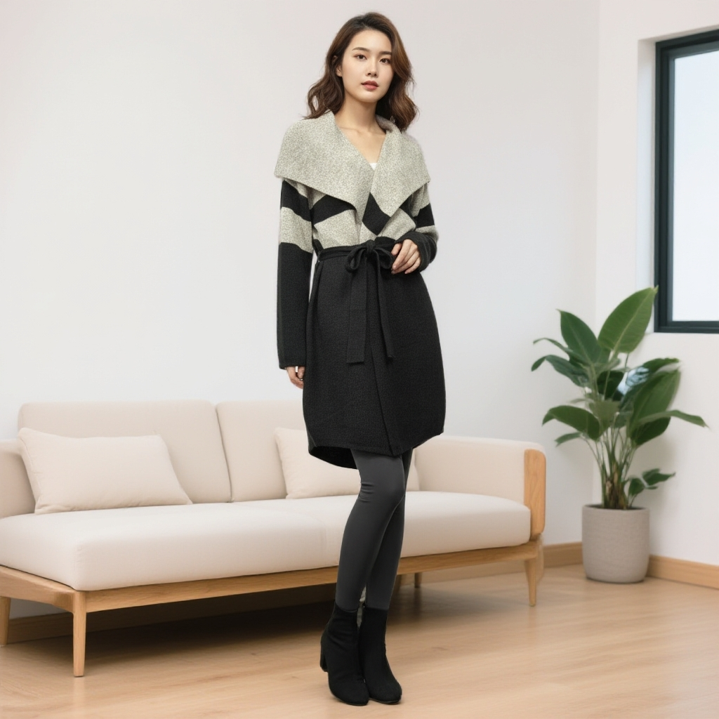 春秋新款时尚拼色慵懒中长款秋冬针织开衫A463百搭