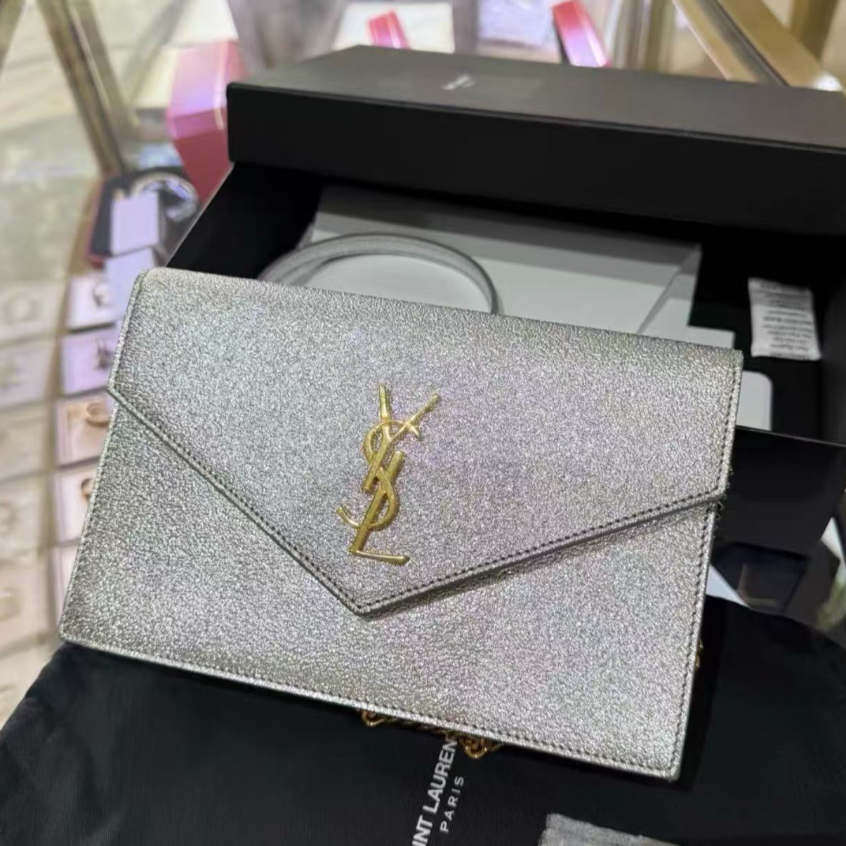 99新 YSL/圣罗兰 ysl链条银色信封woc 0244