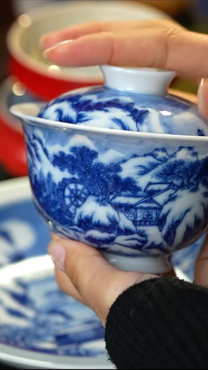 岭山窑景德镇高温纯手工手绘雪景盖碗