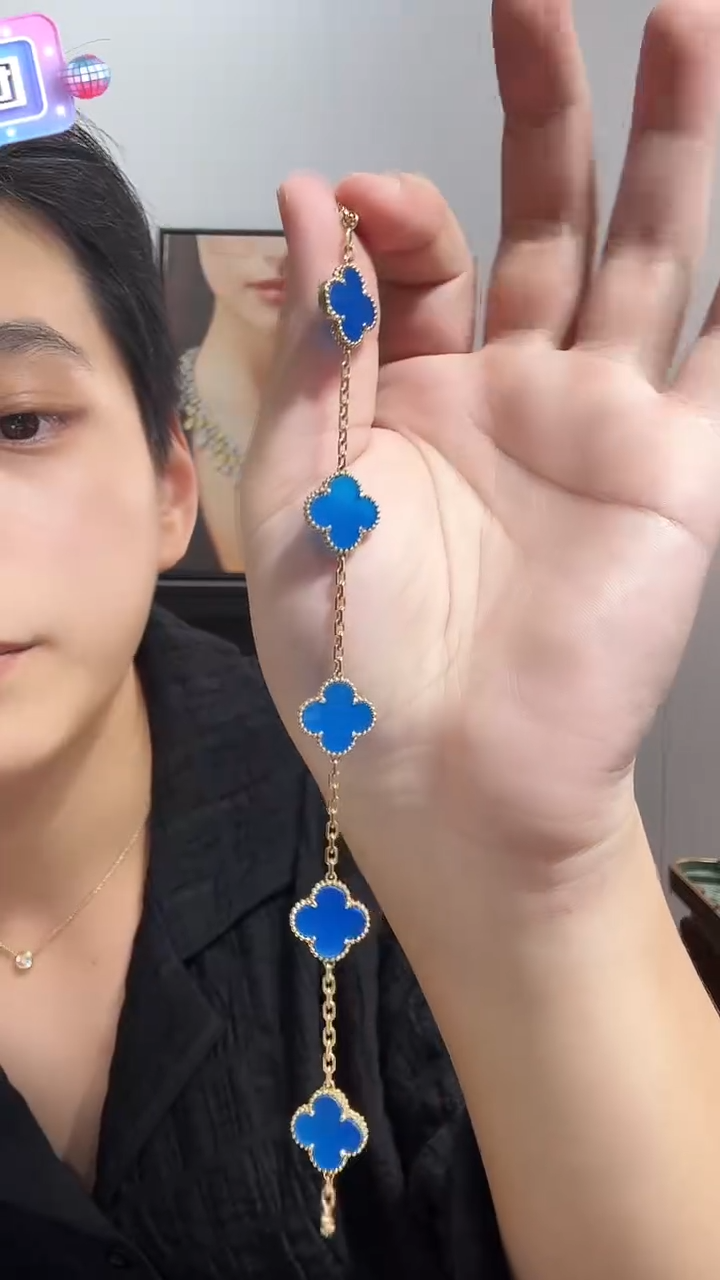 18K金镶嵌手链玛瑙/玉髓蓝色k黄，五花手链