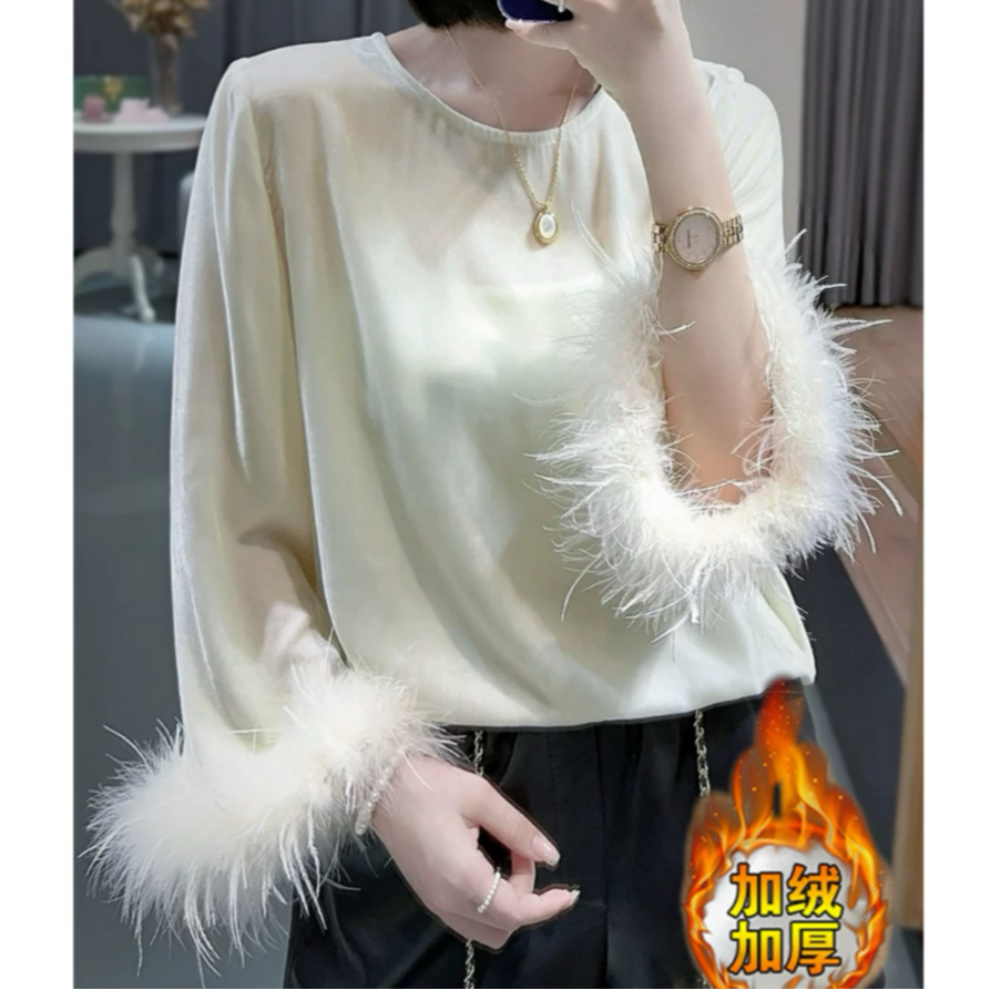 D999-3243【仙羽】秋冬加绒加厚新中式气质丝绒拼羽毛袖打底衫女