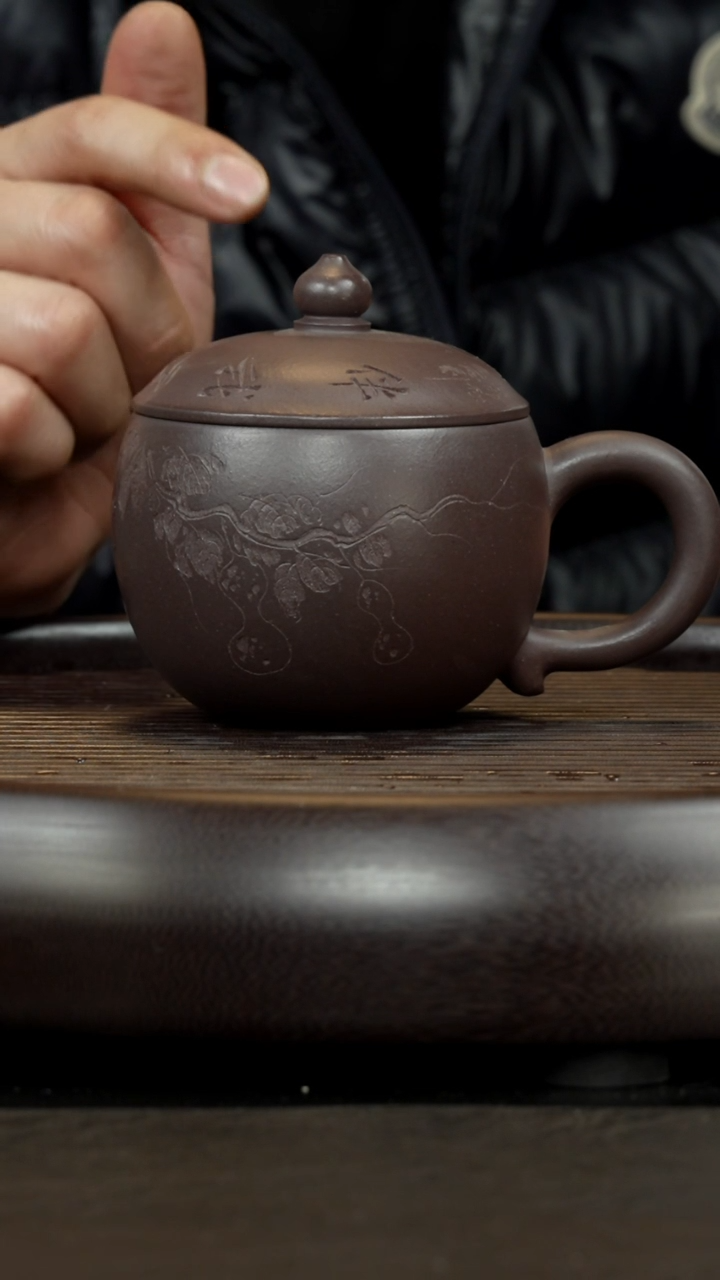 【闪购商品】紫砂茶杯孤品盖杯  天青刻绘葫芦