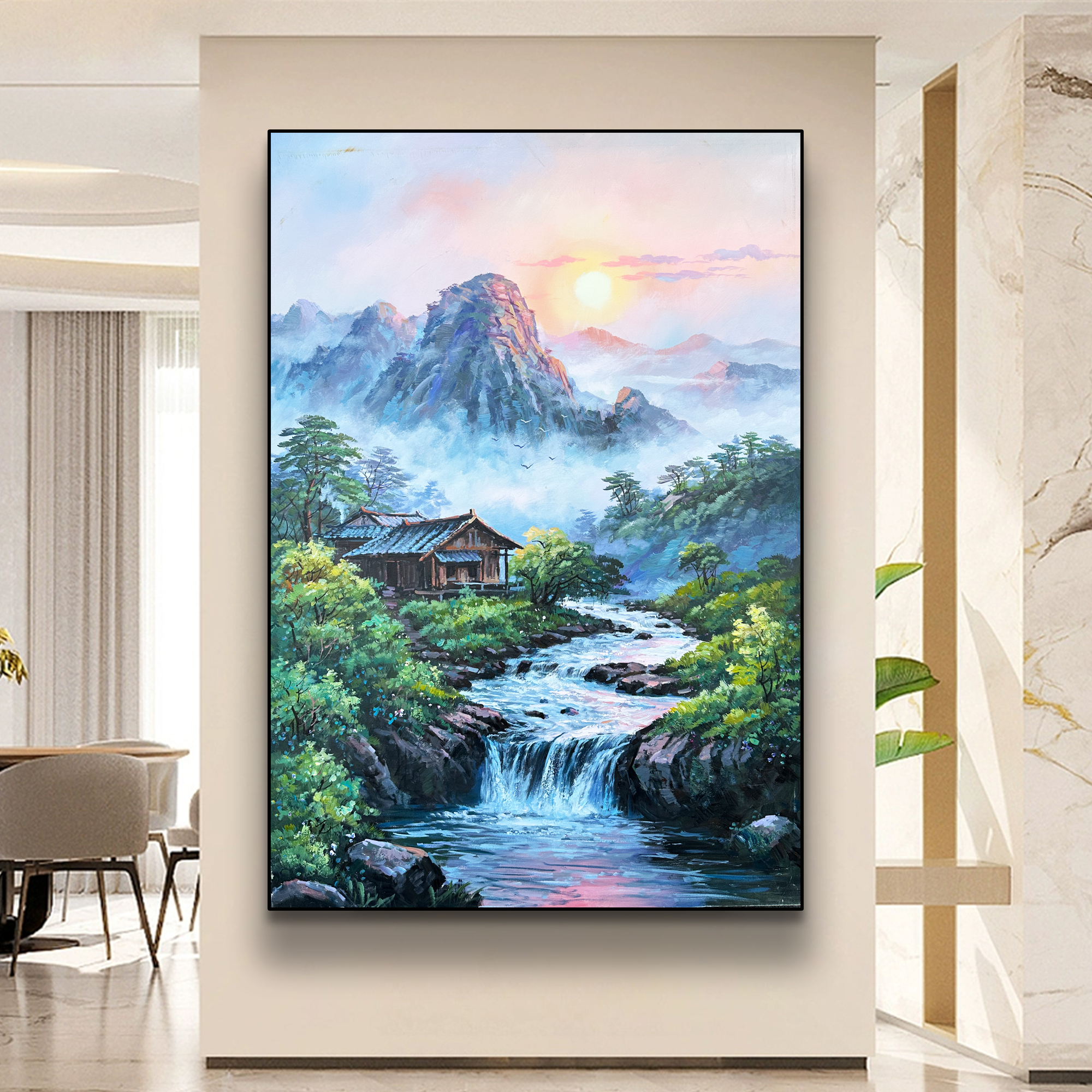 【高山流水】山水画高山流水客厅背景装饰画轻奢高档挂画玄关挂画