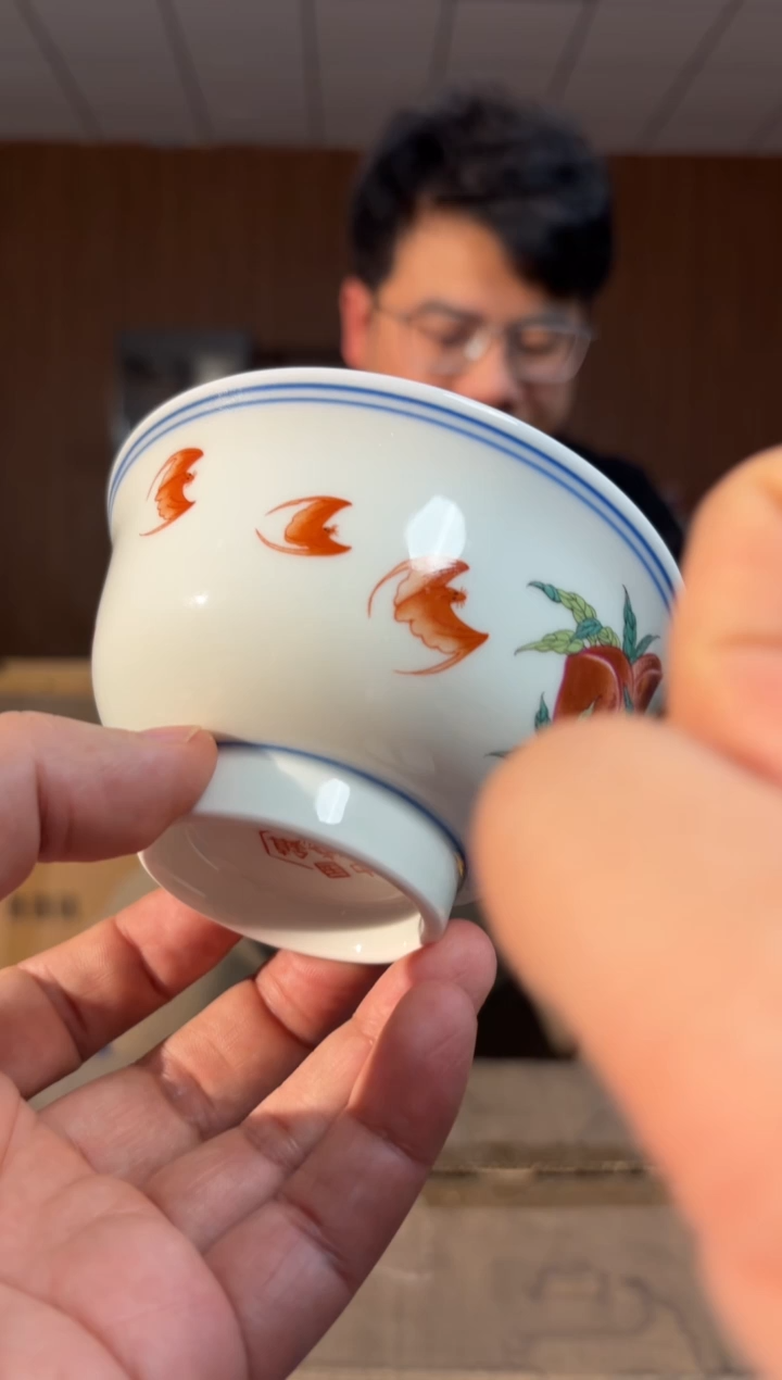 摆件瓷景德镇陶瓷九桃五福高足碗