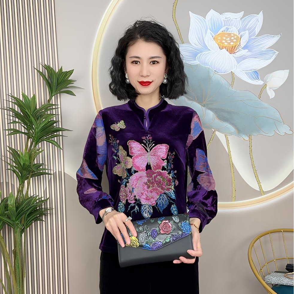 新年新款重工蝴蝶显瘦旗袍秋季中老年长袖V领刺绣上衣时尚气质