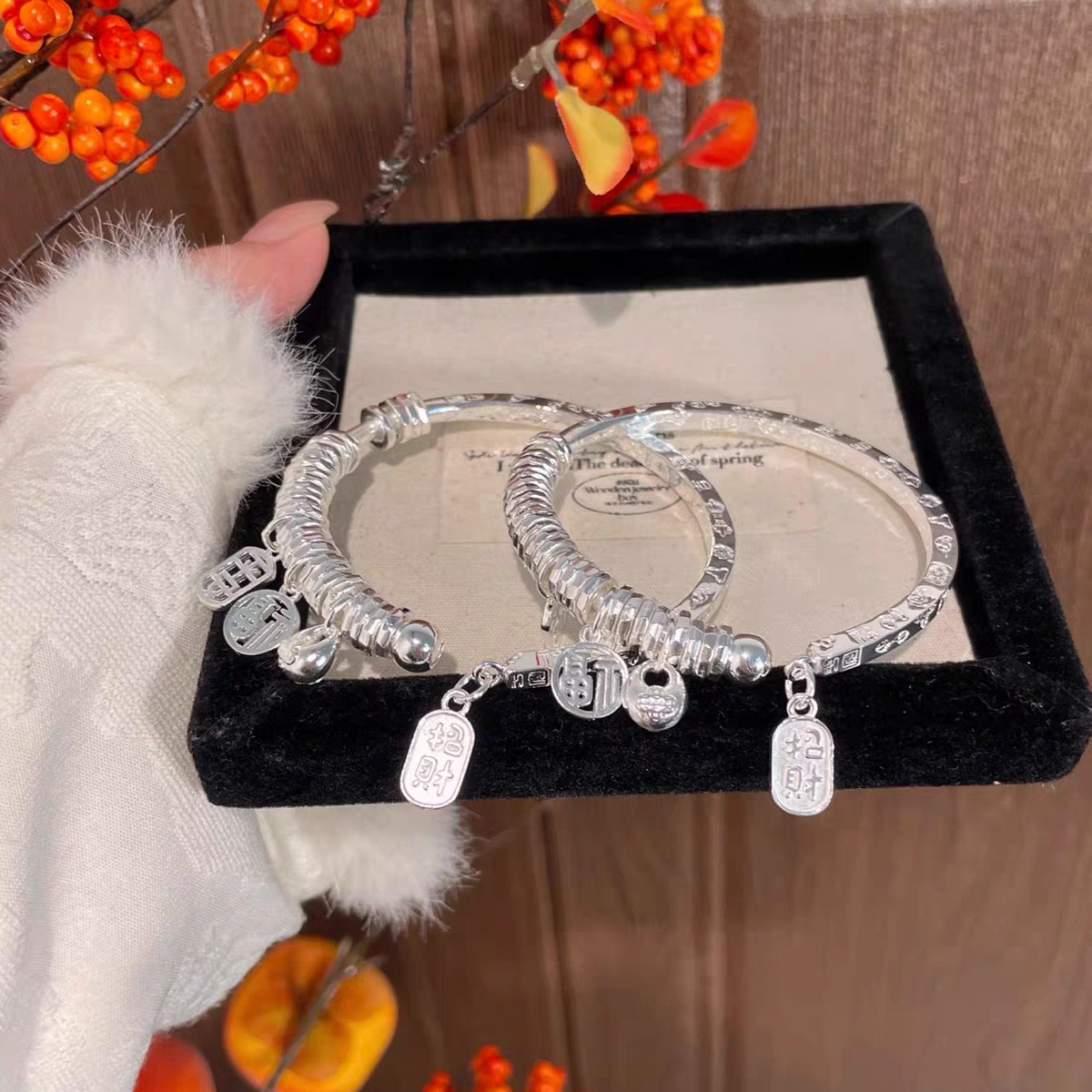 足银手镯 足银999 盘缠手镯平安招财实心开口银镯子新中式送女友