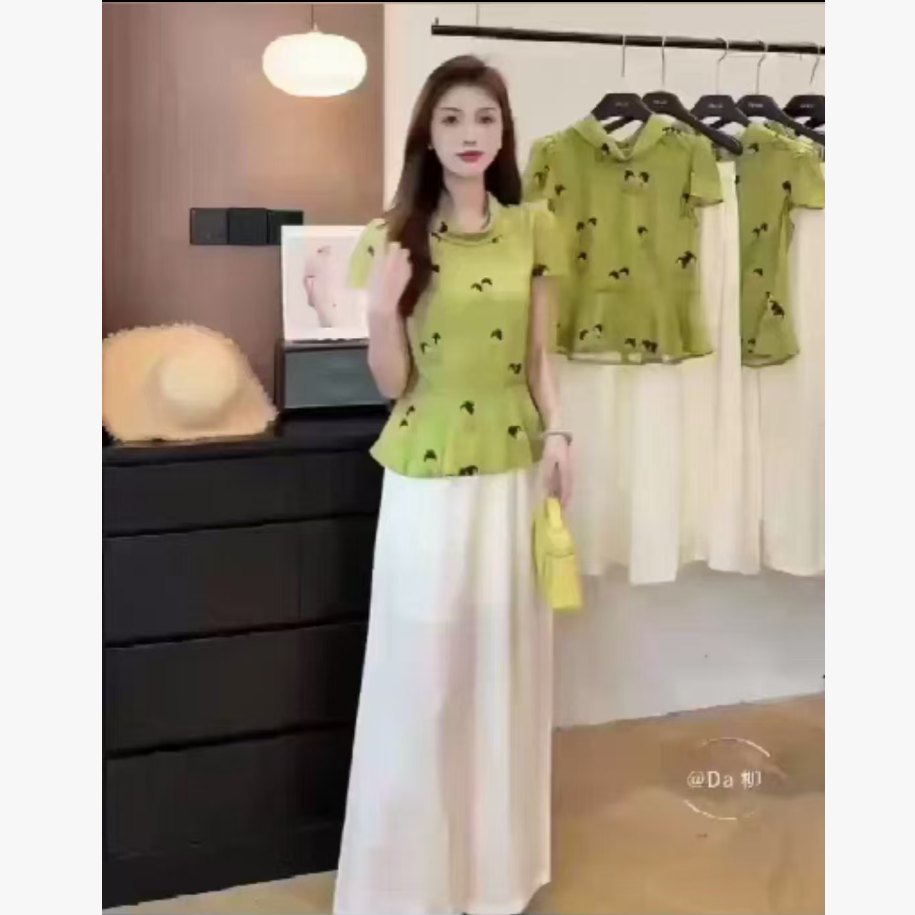 2025夏季新款时尚气质国风印花小众衬衫阔腿裤两件套51035【9】