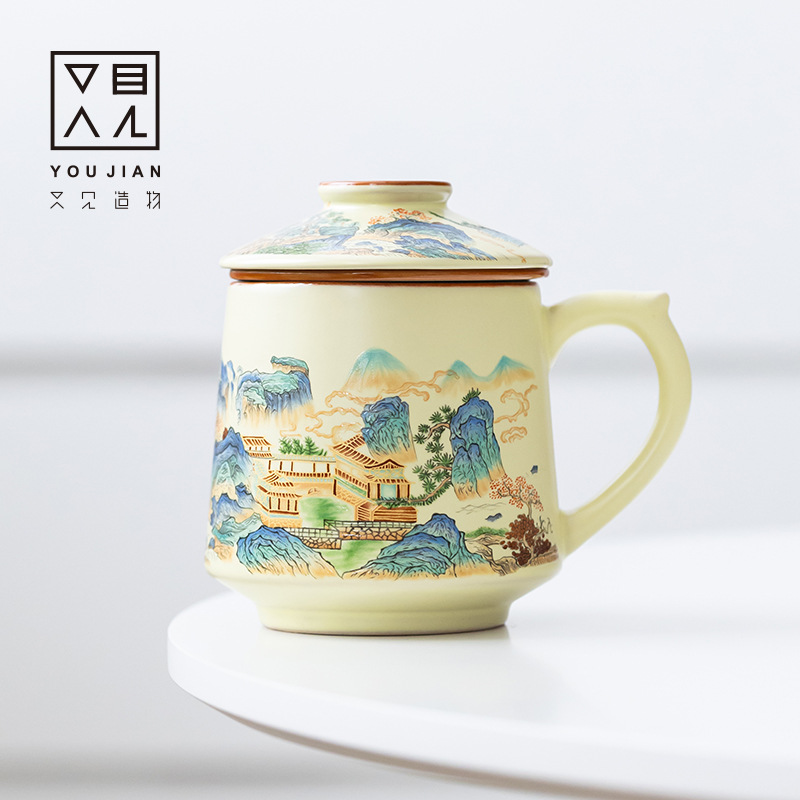 黄汝窑山水办公杯陶瓷过滤泡茶杯马克杯