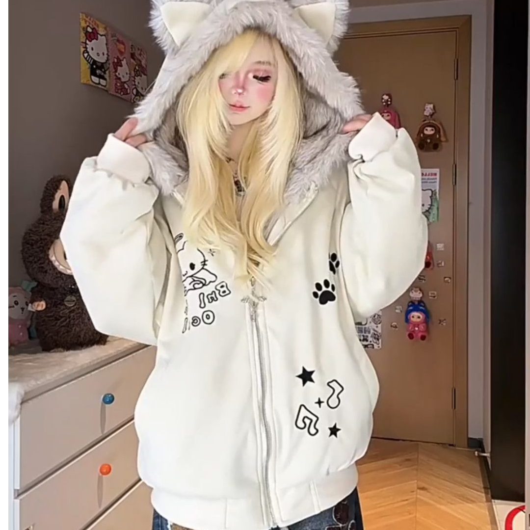 可爱kt刺绣猫耳朵连帽棉服女秋冬宽松休闲慵懒风夹棉加厚保暖外套