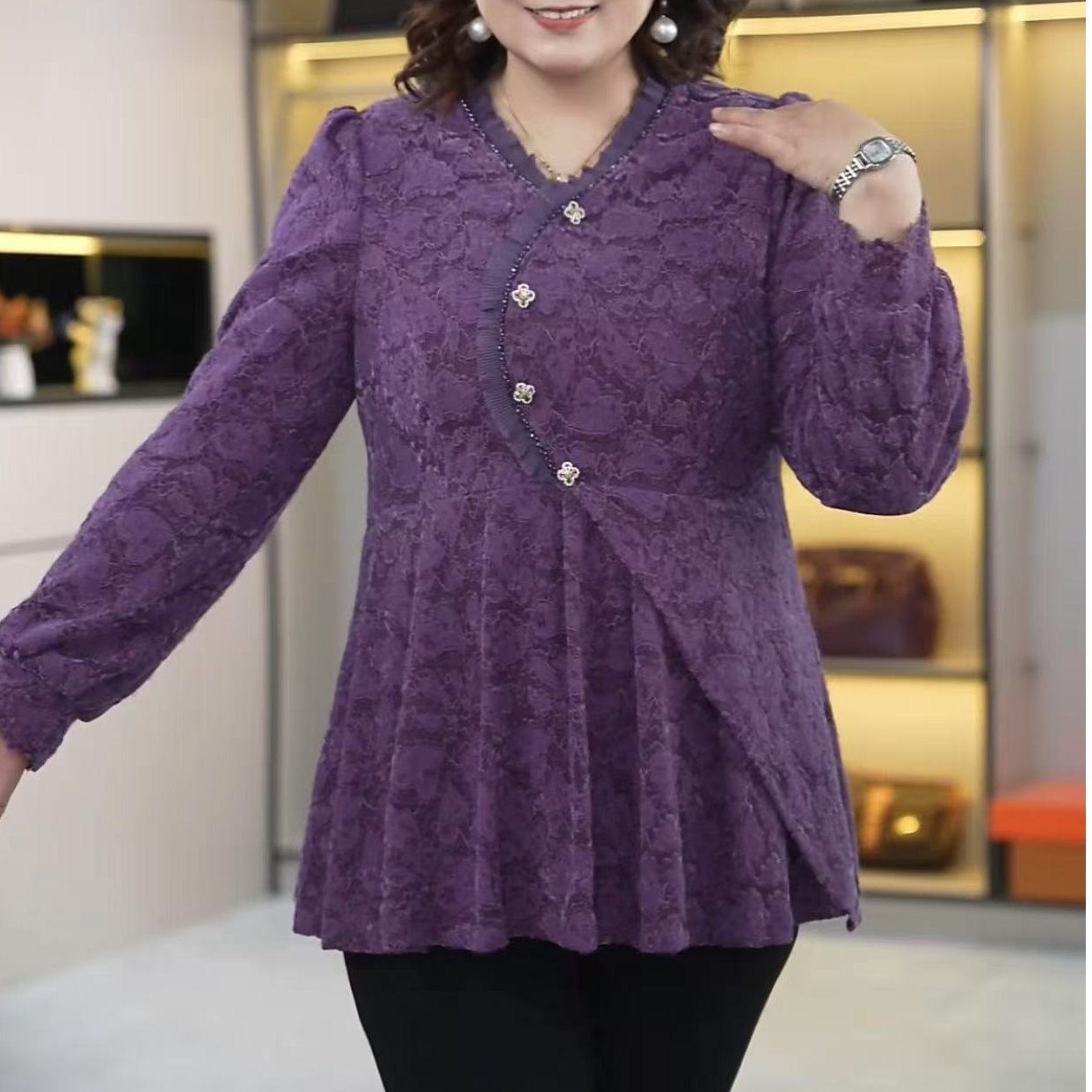 定制大码钩花拼接长袖气质韵味衬衫优雅大气成熟妈妈装ZSX25A0254