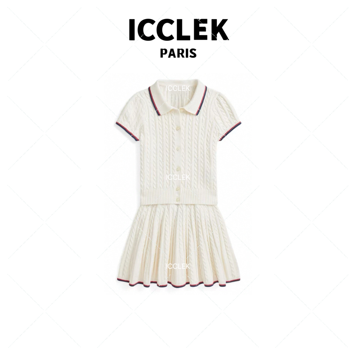 ICCLEK 白色两件套翻领领针织背心套装 -1323