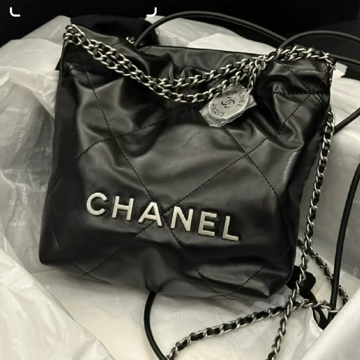 95新 Chanel/香奈儿 青奢荟/黑银迷你垃圾袋斜跨包/88438