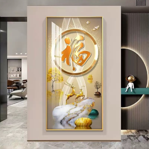 现代简约麋鹿福字晶瓷立体手工镶钻画玄关走廊过道装饰画铝合金