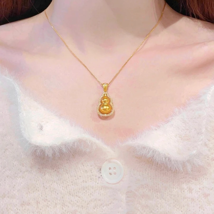 金色实心古法手工葫芦吊坠项链女不掉色