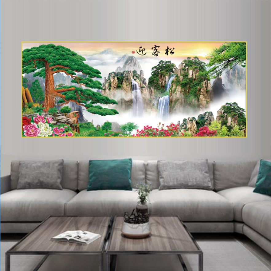 迎客松流水生财客厅沙发横幅高端大气晶瓷晶钻玄关装饰晶瓷画