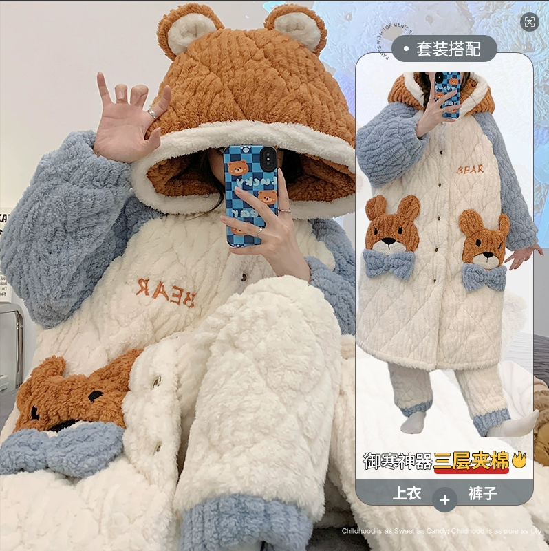 2025冬三层夹棉变态厚 长袍+裤子 巨保暖 加厚套装 女款