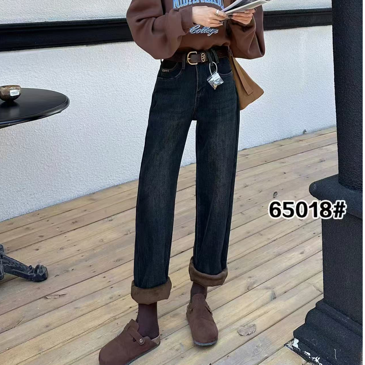 65018 春季新款加绒休闲百搭牛仔裤 F80