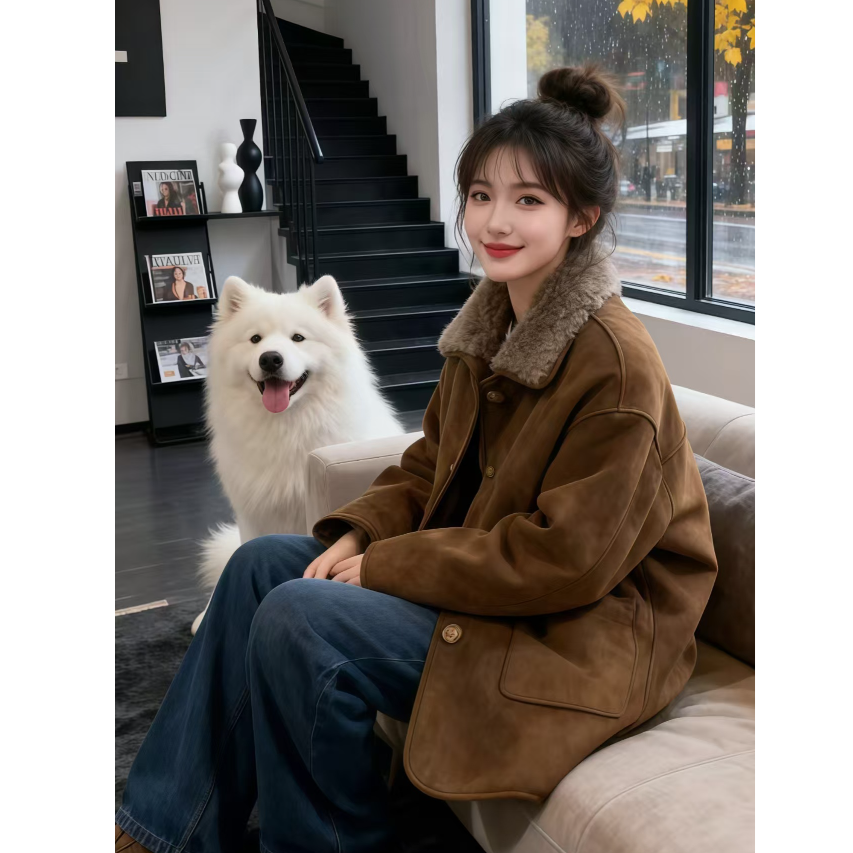 海宁新款时尚百搭韩版两穿皮毛一体秋冬翻领毛毛冬季中长款外套