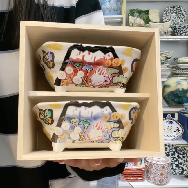 【2件套】日本进口濑户烧夕立窑四方钵16.5cm-富士日记兔