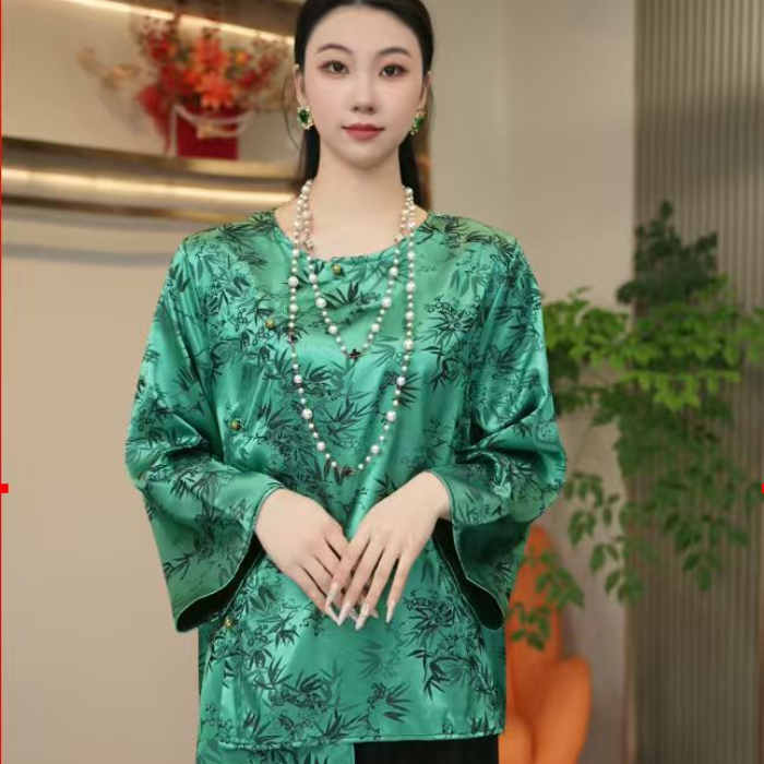 037/提花新中式圆领常规款上衣扣子女装短袖中国风厚款上衣