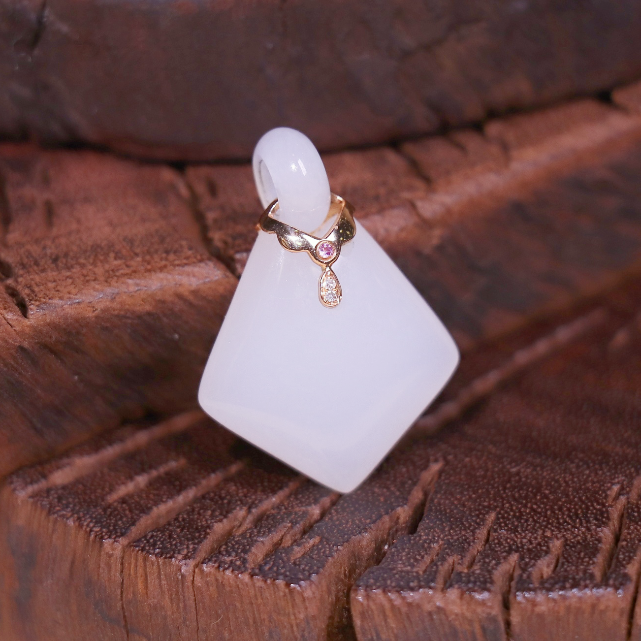 【熊总夫妇】和田玉18K金白玉菱形款吊坠