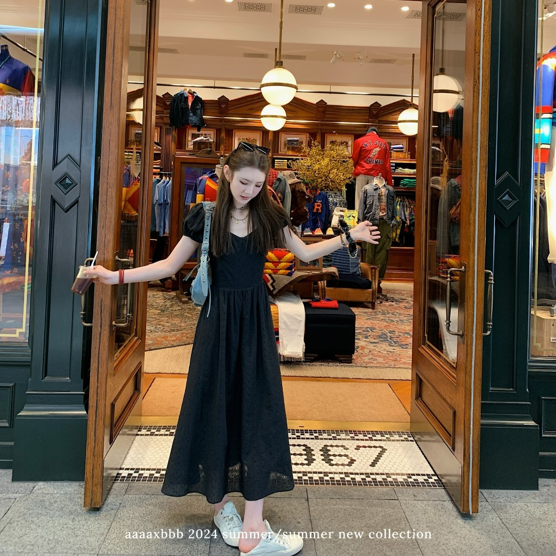 aaaaxbbb 多布里奇暮色 纯棉黑色连衣裙收腰显瘦气质长裙夏折扣