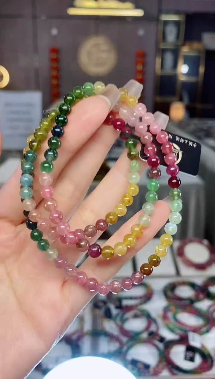 老矿碧玺色标彩虹三圈手串5mm+未镶嵌碧玺dan多样性发货一条