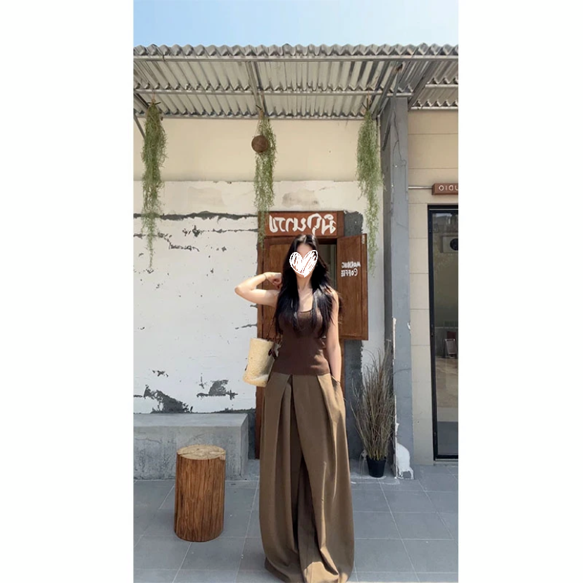 2025春夏新款纽扣点缀针织吊带背心U领修身上衣休闲裤两件套