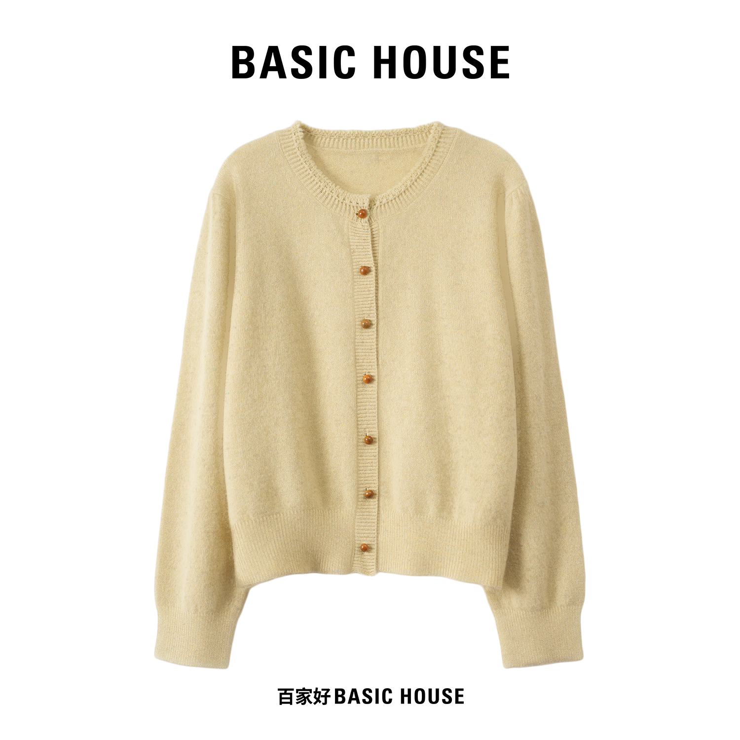 Basic House/百家好2025年圆领收袖单排扣温柔显瘦针织衫P712 MM