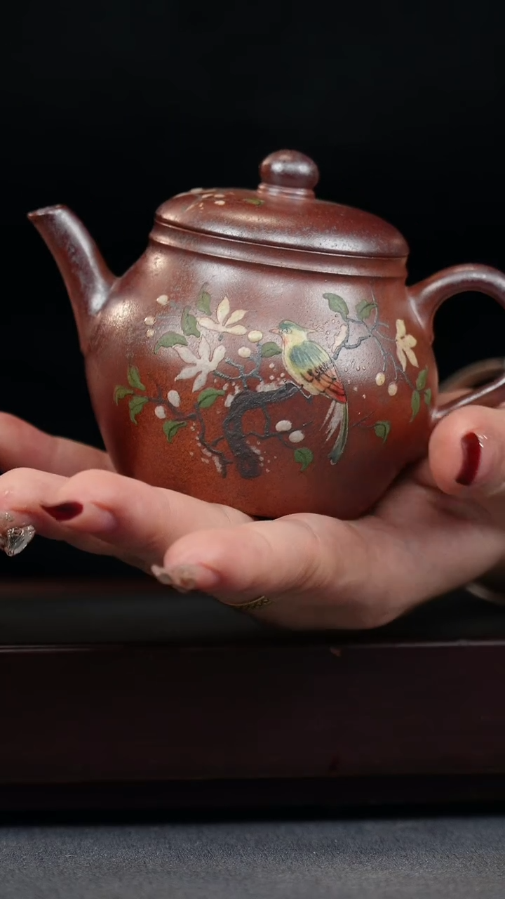 【闪购商品】紫砂茶壶火云烧 潘壶 泥绘喜上枝头