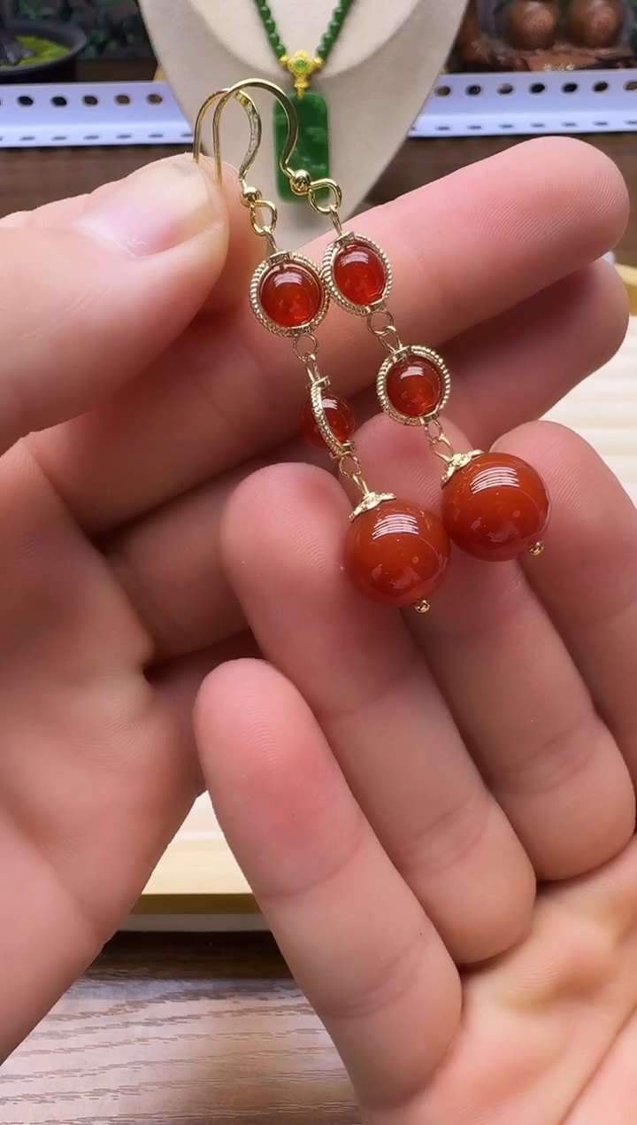 14K金镶嵌南红玛瑙耳饰QL01    