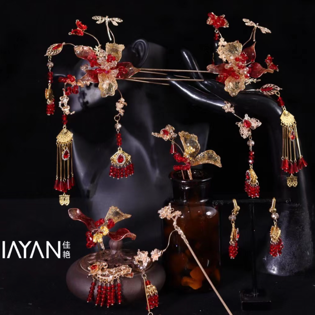 9195新款中式百搭红色重工秀禾旗袍拼接款新娘头饰